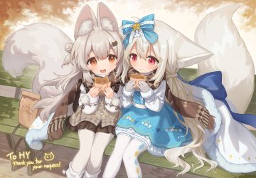 2girls animal ears braids brown eyes catgirl cloneko (zelmeledf2) dress feifei (shiofeifei) food foxgirl gray hair loli long hair original pantyhose red eyes sakurada shiro scarf tail taiyaki twintails