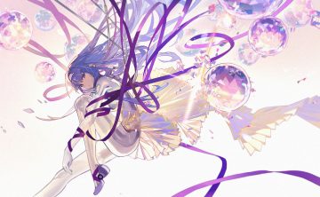 ball blue hair bodysuit elbow gloves gloves headband lobelia (saclia) long hair marija (muse dash) muse dash purple eyes ribbons skirt thighhighs