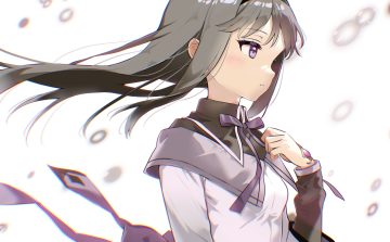 akemi homura angelica n19 black hair blush bow close long hair mahou shoujo madoka magica purple eyes ribbons shirt white