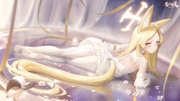 animal animal ears bird blonde hair blue archive dress flowers foxgirl halo long hair pantyhose petals red eyes reflection ribbons sarena skirt lift tail yurizono seia