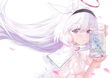 blue archive blush braids close flowers forest 0 halo headband long hair petals pink eyes plana (blue archive) school uniform see through shirt water white white hair