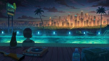 animal building cat city clouds drink gun headphones night original pasoputi pool scenic short hair sky stairs tree water weapon