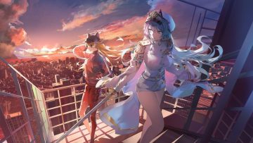 2girls blue eyes blue hair bodysuit braids building buri (retty9349) cape city clouds crossover eyepatch goddess of victory: nikke hat helm (nikke) katana long hair military neon genesis evangelion orange hair shorts sky soryu asuka langley stairs sword uniform weapon