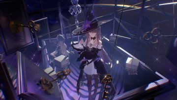 2girls aliasing book boots brown hair choker dress fashi laizi weilai hat herta (honkai: star rail) honkai (series) honkai: star rail long hair necklace pantyhose purple eyes witch hat