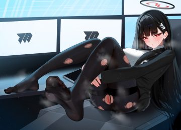 black hair blue archive blush computer halo long hair mijikayo (user eyyx8247) nopan pantyhose pussy red eyes skirt torn clothes tsukatsuki rio uncensored