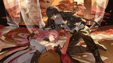bandage black hair boots bow braids breasts butterfly changli (wuthering waves) cleavage dress gloves leaves long hair male male rover (wuthering waves) necklace pink hair ponytail ruoruoqiuu tree wuthering waves yellow eyes
