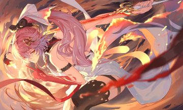bow braids changli (wuthering waves) dress fire garter long hair magic pink hair ponytail ruoruoqiuu sword thighhighs weapon wuthering waves yellow eyes