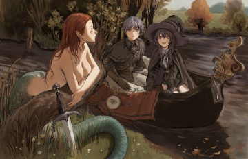 black eyes black hair breasts brown hair cape garter gloves gold can grass long hair male nude pointed ears purple hair short hair sword tree twintails water weapon witch