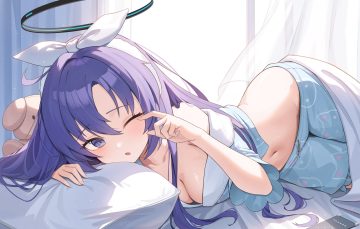 bed blue archive blush breasts cleavage halko (halonakoma9) halo hayase yuuka headband long hair navel no bra pajamas phone purple eyes purple hair shorts wink