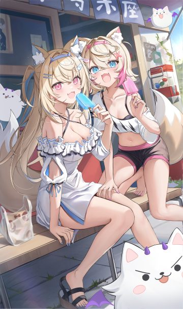 aoi 13 hololive hololive english fuwawa abyssgard mococo abyssgard animal ears bandaid bra dress horns inumimi tail
