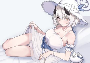 0haribo0 blue archive blush bow breasts cleavage dress halo hat himuro sena horns panties ribbons see through short hair skirt lift summer dress underwear white hair wristwear yellow eyes