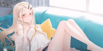 barefoot blonde hair blush breast hold couch daika!! gakuen idolmaster gray hair idolmaster long hair orange eyes shinosawa hiro shorts