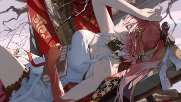 book bow braids breasts changli (wuthering waves) cleavage dress long hair pink hair ponytail ruoruoqiuu shade tattoo tree wuthering waves