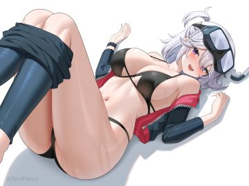 anthropomorphism bikini blush breasts cameltoe cleavage girls frontline goggles gray hair navel purple eyes rynzfrancis short hair sl8 (girls frontline) swimsuit undressing water wet white wristwear