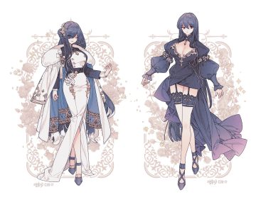 2girls black eyes black hair breasts cape cleavage dress flowers garter garter belt gray eyes lemon89h long hair original rose signed white