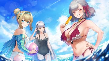 ak-alfa (girls frontline) aqua eyes ass ball bell bikini blonde hair blush bow braids breasts cleavage clouds collar girls frontline girls frontline 2 gray hair headband long hair navel necklace noixen popsicle red eyes sabrina (girls frontline 2) short hair sky spas-12 (girls frontline) suomi (girls frontline) swimsuit thighhighs tololo (girls frontline 2) underboob water wet yellow eyes