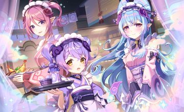 apron bell blue hair blush braids choker drink flat chest food genshin impact headdress hyakujitsuhaku shion japanese clothes karen (navy 42) kimono loli lolita fashion long hair pink hair pointed ears ponytail purple eyes purple hair shiba murasaki short hair tail twintails yellow eyes yumemizuki mizuki