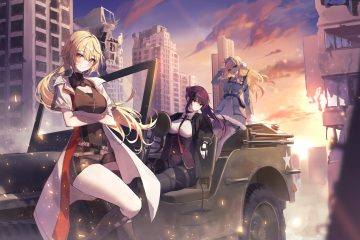 blonde hair blue eyes bodysuit braids breast hold breasts building car city cleavage clouds combat vehicle dress earmuffs garter girls frontline girls frontline 2 gloves groza (girls frontline 2) kneehighs lkeris long hair makiatto (girls frontline 2) orange eyes ots-14 (girls frontline) ponytail purple hair red eyes ruins shirt sky sunset suomi (girls frontline) thighhighs tie wa2000 (girls frontline)
