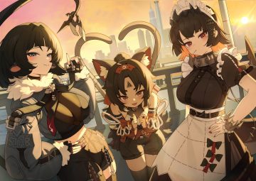 animal ears apron bell black hair breasts brown eyes building candy catgirl cat smile city clouds collar dress ellen joe fang garter belt gloves green eyes headband headdress jane doe (zenless zone zero) lollipop maid mousegirl multiple tails nekomiya mana nogong ponytail red eyes short hair shorts sky stockings sunset tail thighhighs weapon wristwear zenless zone zero zettai ryouiki
