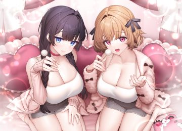 2girls bed blue eyes blush braids breasts brown hair cleavage collar giuniu long hair otoko girai na bijin shimai wo namae mo tsugezu ni tasuketara ittai dounaru? pink eyes shinjou aina shinjou arisa short hair twintails