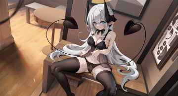 blue eyes bow breasts cameltoe choker cleavage fang horns huizhiyin long hair multiple tails original panties pointed ears see through spread legs tail thighhighs underwear white hair