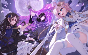 ajeu914 aqua eyes brown hair dress dungeon and fighter gloves long hair moon pantyhose petals pink hair purple hair red eyes short hair sky tagme (character) thighhighs