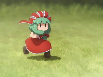 black eyes boots bow chibi dress grass green hair kagiyama hina long hair parody shirosato touhou