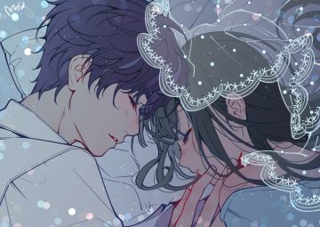 bed black hair blush close headdress long hair love and deepspace male mia0309 protagonist (love and deepspace) purple hair rafayel (love and deepspace) shirt short hair signed sleeping