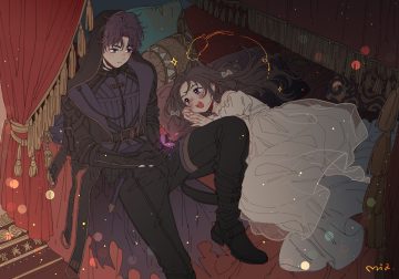 bed black hair blush boots butterfly choker dark dress gloves hood long hair love and deepspace male mia0309 protagonist (love and deepspace) purple eyes purple hair rafayel (love and deepspace) see through short hair signed