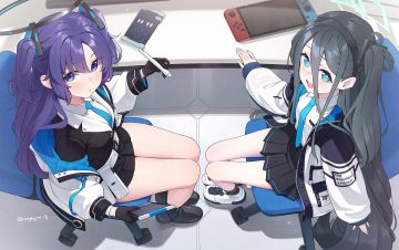 2girls aqua eyes black hair blue archive blue eyes game console gloves halo hayase yuuka headband kanpa (campagne 9) loli long hair ponytail purple hair school uniform signed skirt tendou arisu (blue archive) tie twintails