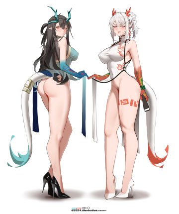 yat (tsmn7245) arknights dusk (arknights) nian (arknights) artist revision ass chinadress erect nipples heels horns no bra nopan pointy ears pubic hair see through skirt lift tail tattoo