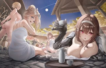 anthropomorphism ass blonde hair blue eyes breasts brown hair car (girls frontline) drink girls frontline grizzly mkv (girls frontline) group headband js-9 (girls frontline) long hair moon night nude onsen red eyes sake short hair sky stars suomi (girls frontline) techgirl towel vsk-94 (girls frontline) wakatsura-07 water