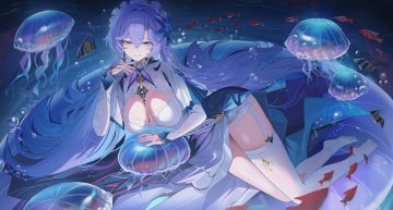 animal aqua eyes breasts cantarella (wuthering waves) dress fish garter belt headdress jeze long hair purple hair stockings water wuthering waves