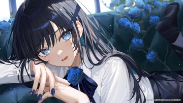 ado (utaite) black hair blue eyes chando (ado) close couch flowers long hair rose sakurada nana socks watermark