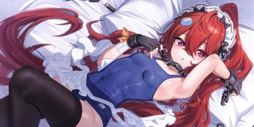 apron bandage bed bow chain collar dango (dango remi) dango remi headdress loli long hair original pink eyes ponytail red hair school swimsuit shackles skintight swimsuit thighhighs