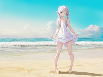 aliasing barefoot beach clouds dress flat chest frieren gibun (sozoshu) gray hair green eyes long hair pointed ears skirt lift sky sousou no frieren summer dress twintails water