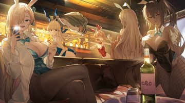 animal ears asuma toki black hair blonde hair blue archive bow bunny ears bunnygirl drink glasses gloves gray hair group headband ichinose asuna kakudate karin leotard long hair mikamo neru murokasa akane open shirt pantyhose ponytail shirt short hair siwa (st ekfrlfkep) tail