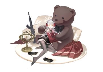 ak-alfa (girls frontline) bow girls frontline girls frontline 2 gray hair gun headband long hair pantyhose siole skirt teddy bear tololo (girls frontline 2) weapon white yellow eyes