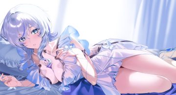 bed blue eyes blue hair blush breasts dress grape fruit (vyvr8457) shorekeeper (wuthering waves) wuthering waves