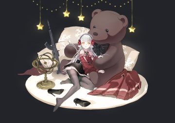 ak-alfa (girls frontline) black bow girls frontline girls frontline 2 gray hair gun headband long hair pantyhose siole skirt teddy bear tololo (girls frontline 2) weapon yellow eyes