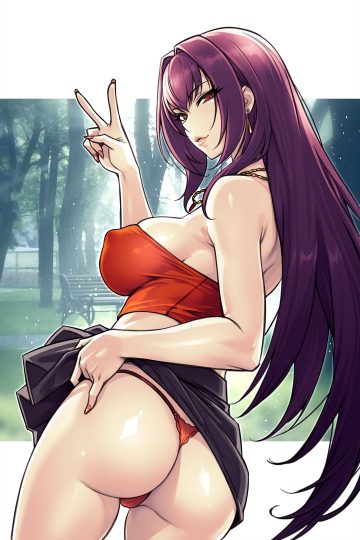 dynamitenatalia fate/grand order scathach (fate) ass erect nipples no bra pantsu skirt lift thong