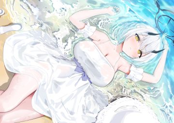 aliasing beach blue archive blush bow braids breasts cleavage dress gyoku seisyoku halo hat himuro sena horns no bra ribbons see through short hair summer dress water wet white hair yellow eyes