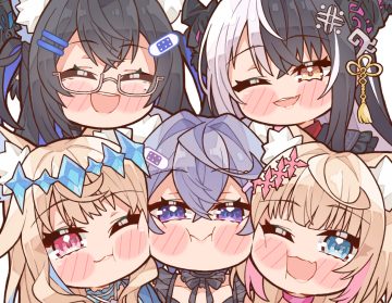 animal ears black hair blonde hair blue eyes blush bow brown eyes cat smile chibi choker close doggirl fang fuwawa abyssgard glasses group headdress hololive horns koseki bijou kukie-nyan mococo abyssgard nerissa ravencroft pink eyes purple eyes purple hair shiori novella short hair twins twintails wink