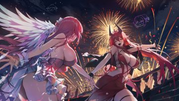 2girls ass breasts cleavage dorothy (nikke) dress fireworks garter goddess of victory: nikke horns long hair maenoo navel night nopan pink hair red hair red hood (nikke) sky stairs stars wings wristwear