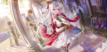 blue eyes building carlotta (wuthering waves) dress flowers gloves gun headband long hair male thighhighs uniform weapon white hair wuthering waves xude