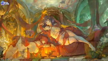 2girls anthropomorphism ass azur lane barefoot breasts couch cutesexyrobutts flowers garter headdress logo long hair no bra nopan pola (azur lane) purple hair red eyes red hair sketch watermark zara (azur lane)