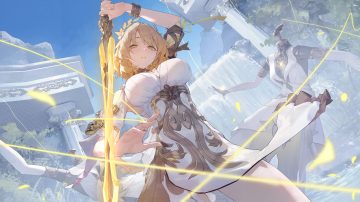 3d aglaea (honkai: star rail) blonde hair blush choker dress green eyes headdress honkai (series) honkai: star rail magic mile miluo ruins short hair sky sword tree water waterfall weapon wristwear