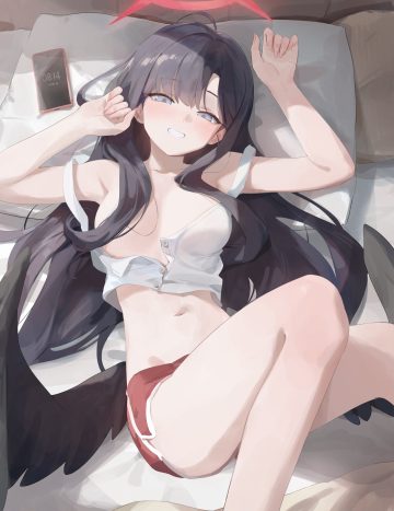 rang go blue archive nakamasa ichika angel breasts no bra open shirt wings