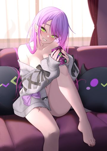 z.m. (zimin) hololive tokoyami towa bottomless feet no bra open shirt sweater tattoo