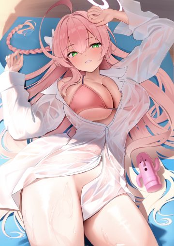 li se blue archive urawa hanako bikini top bottomless dress shirt halo open shirt see through swimsuits wet wet clothes